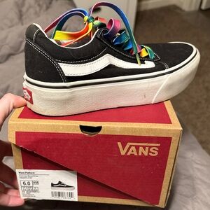 Vans Classic Black and White Platform Sneakers with Rainbow Laces